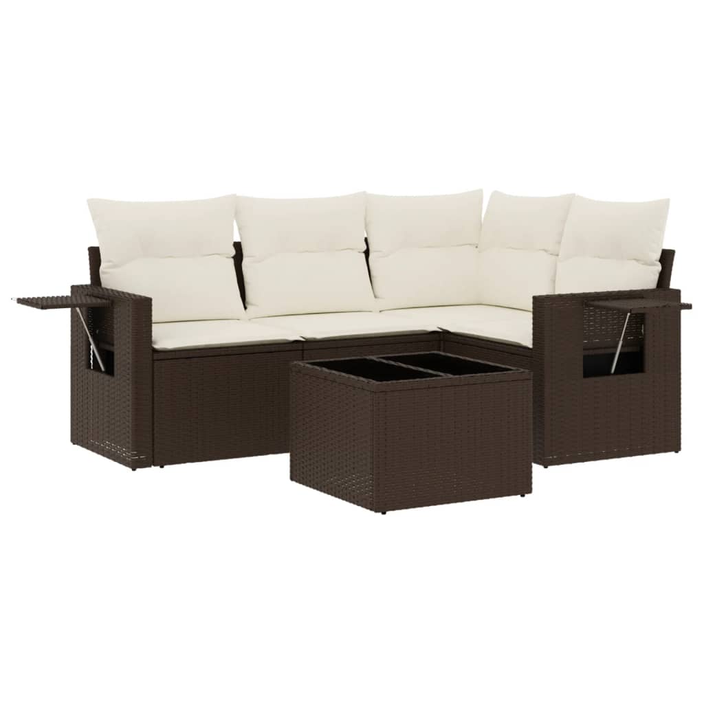 5-delige Loungeset met kussens poly rattan bruin