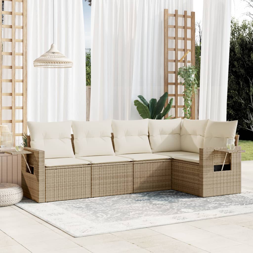 5-delige Loungeset met kussens poly rattan beige