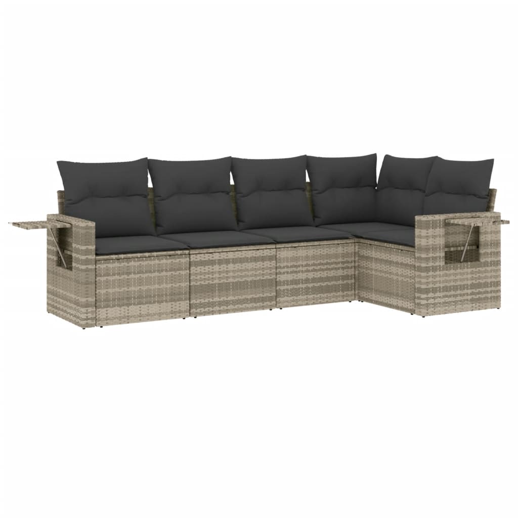 5-delige Loungeset met kussens poly rattan lichtgrijs