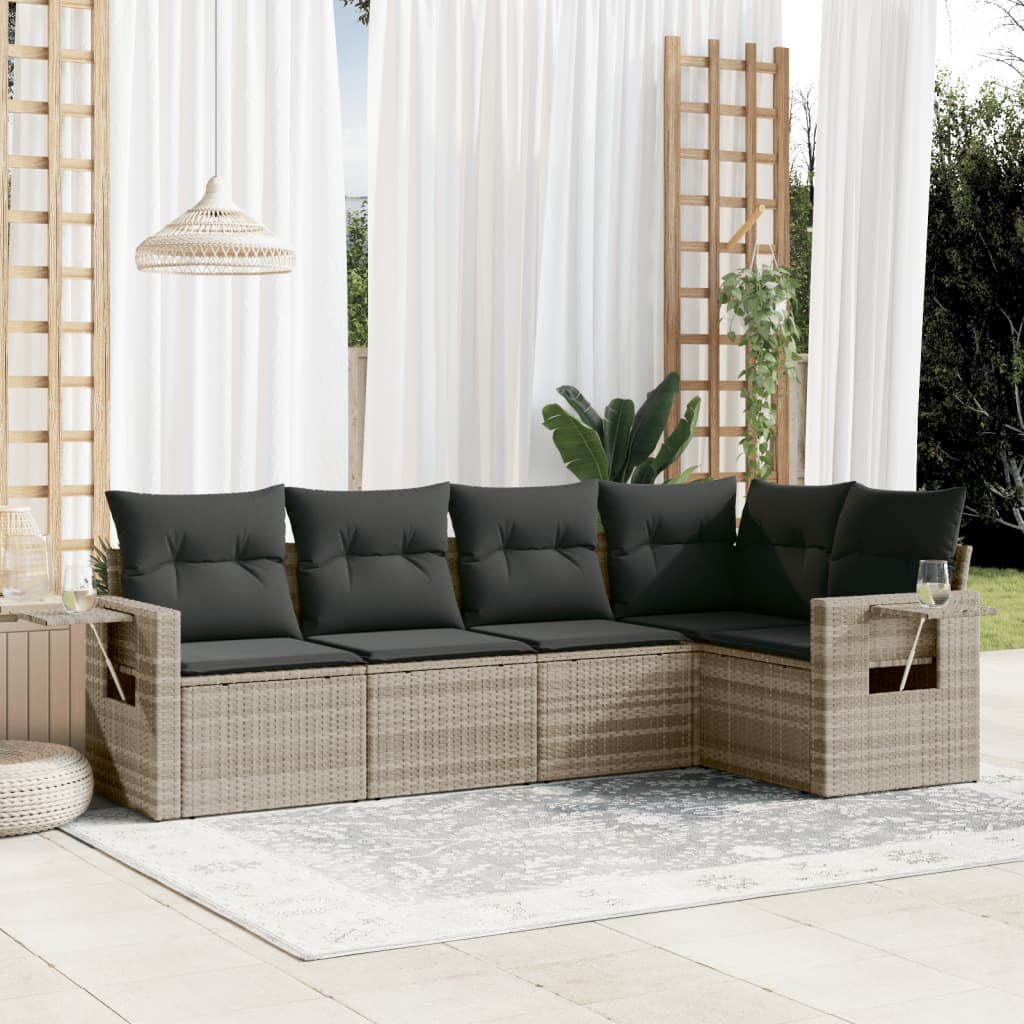 5-delige Loungeset met kussens poly rattan lichtgrijs