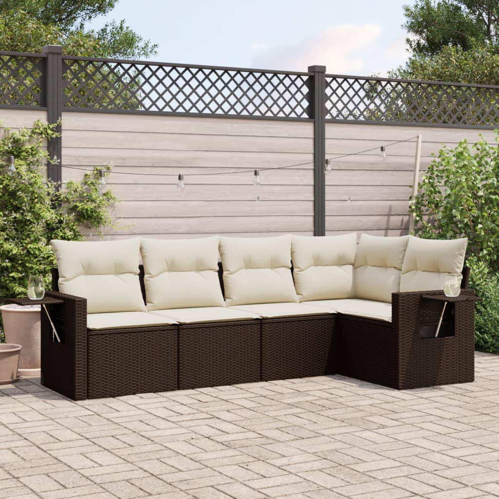 5-delige Loungeset met kussens poly rattan bruin