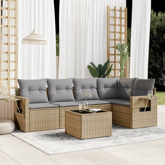 6-delige Loungeset met kussens poly rattan beige