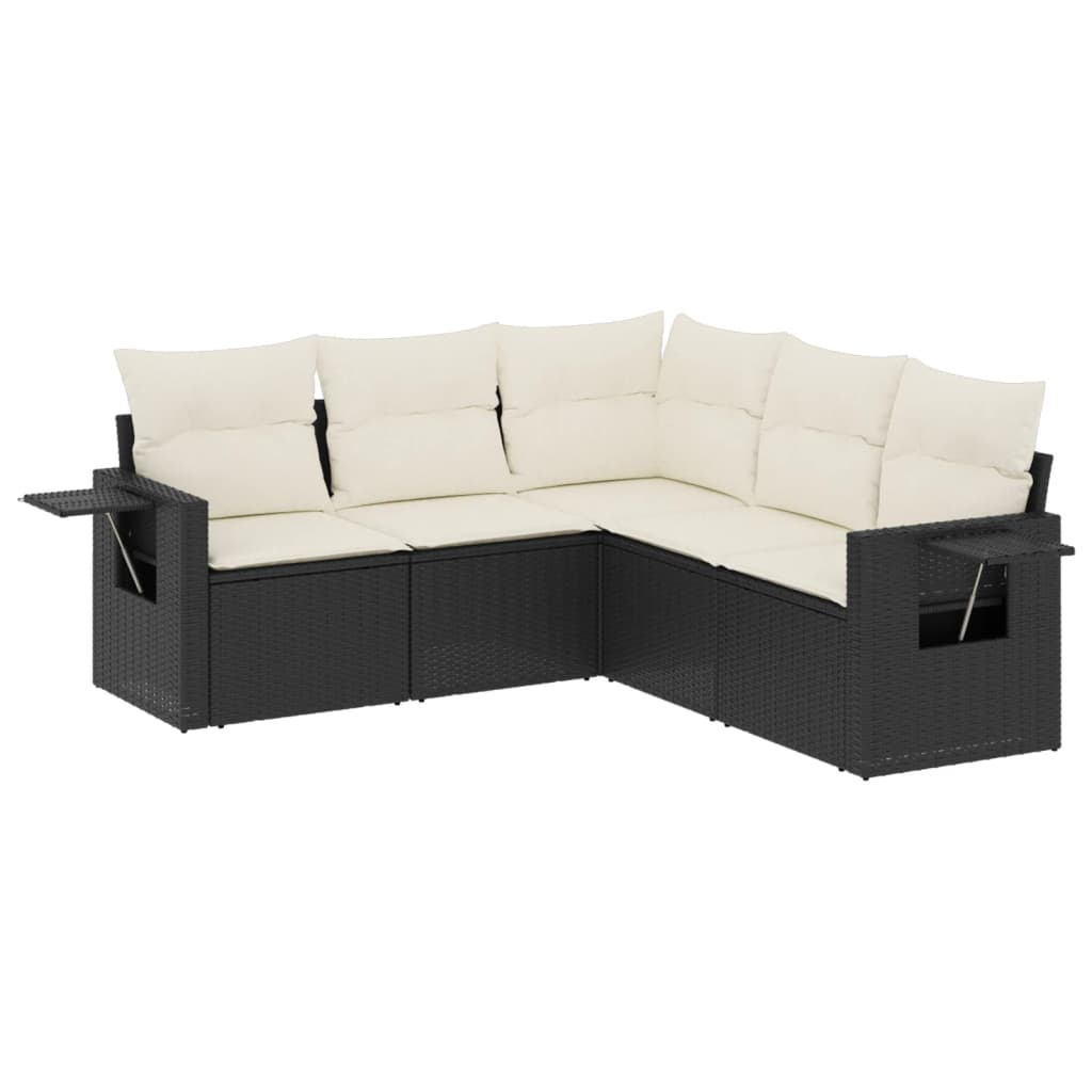 5-delige Loungeset met kussens poly rattan zwart