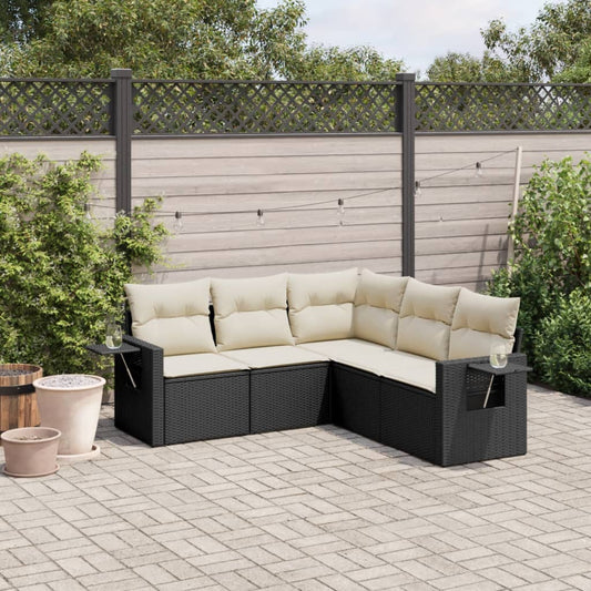 5-delige Loungeset met kussens poly rattan zwart