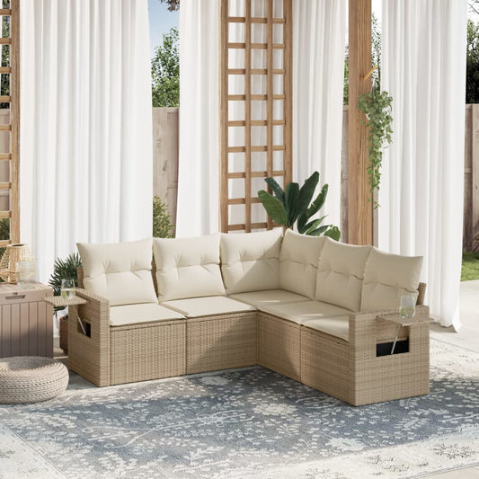 5-delige Loungeset met kussens poly rattan beige