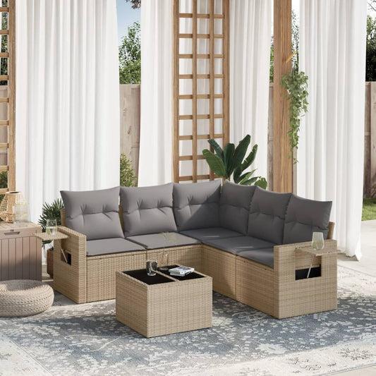 6-delige Loungeset met kussens poly rattan beige