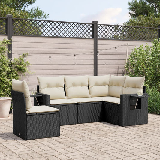 5-delige Loungeset met kussens poly rattan zwart