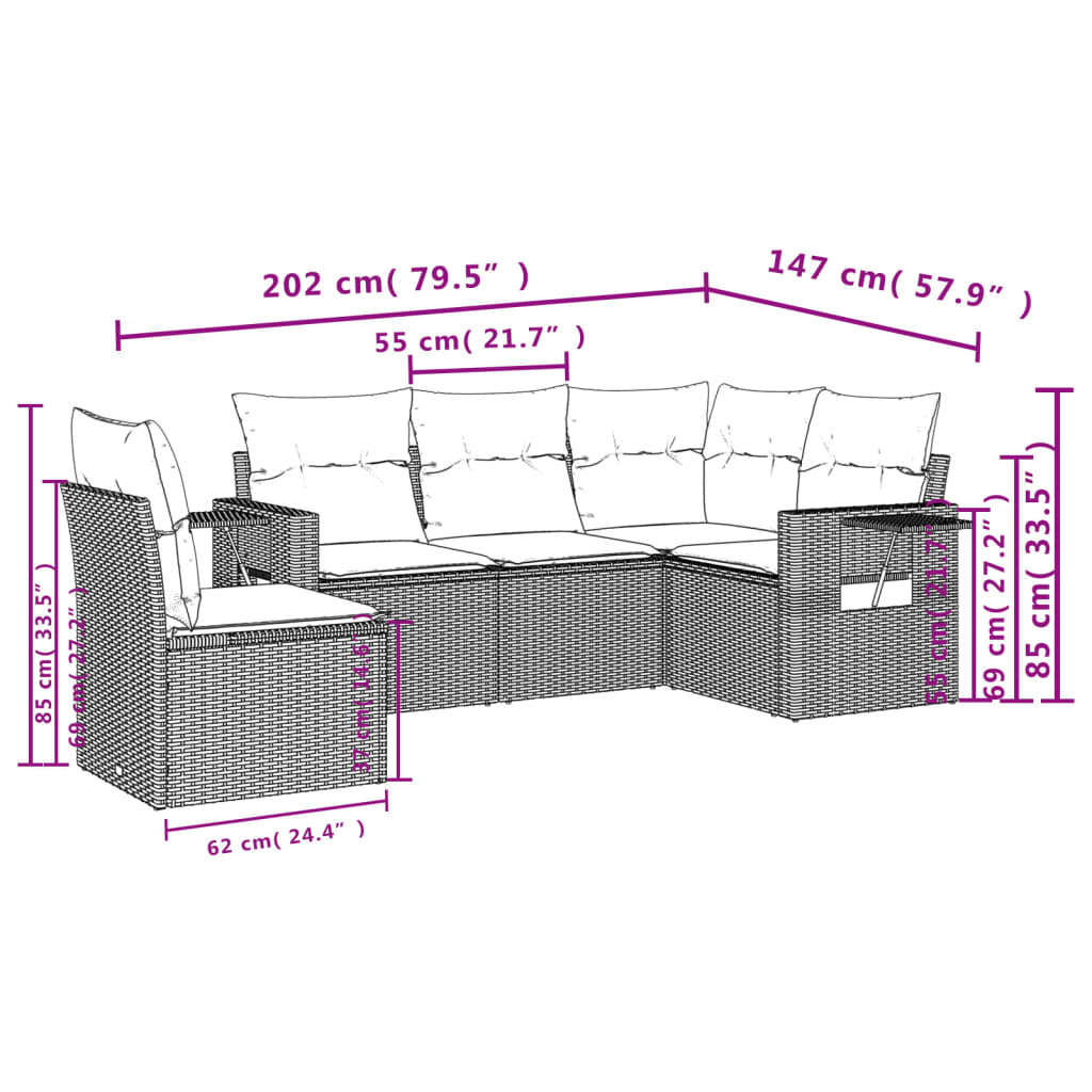 5-delige Loungeset met kussens poly rattan beige