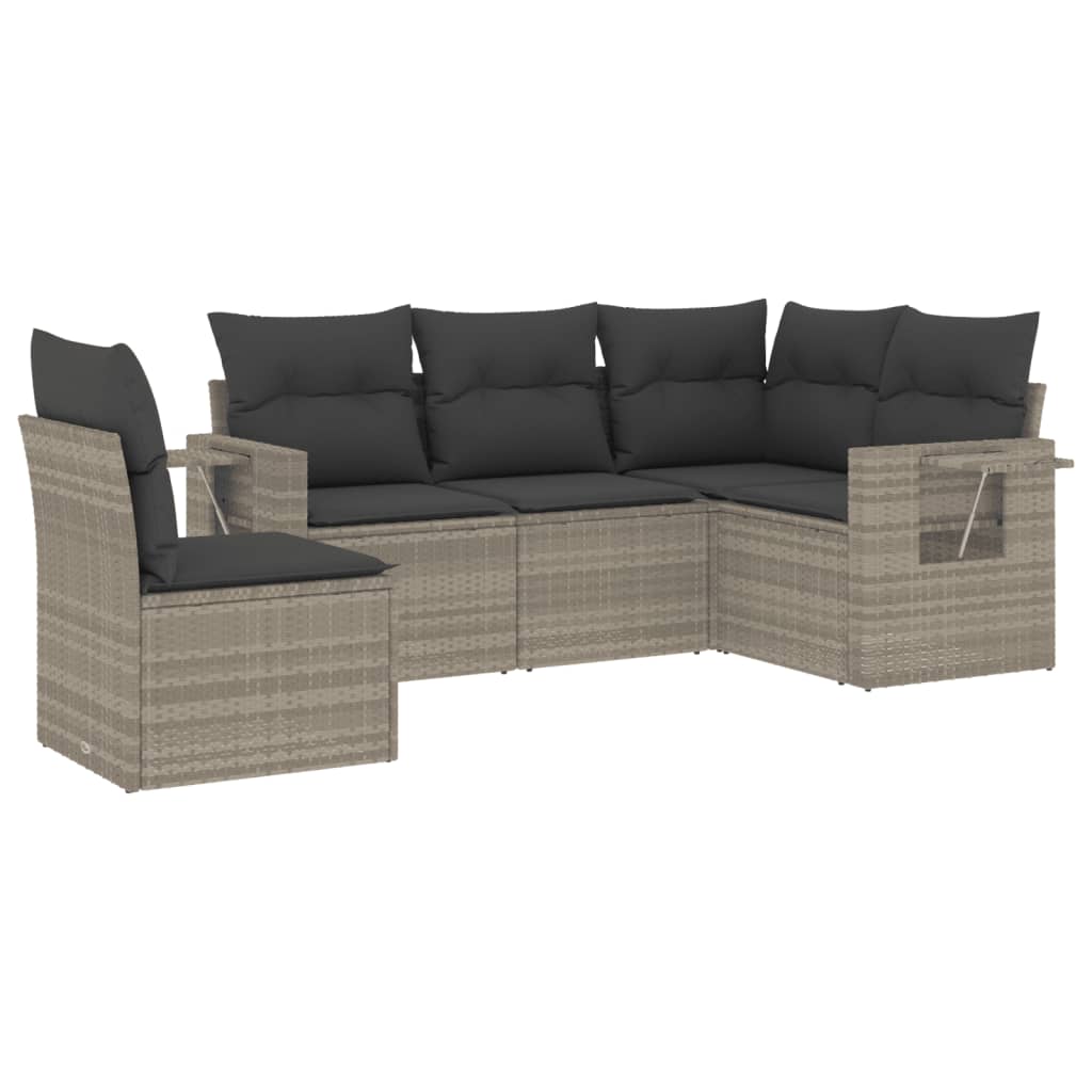 5-delige Loungeset met kussens poly rattan lichtgrijs