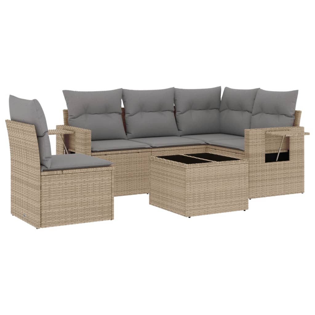 6-delige Loungeset met kussens poly rattan beige