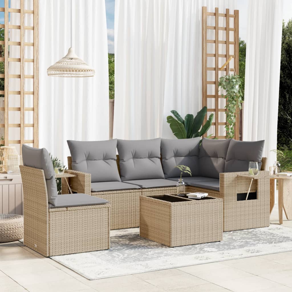 6-delige Loungeset met kussens poly rattan beige