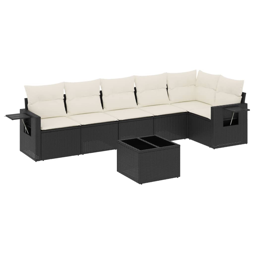 7-delige Loungeset met kussens poly rattan zwart