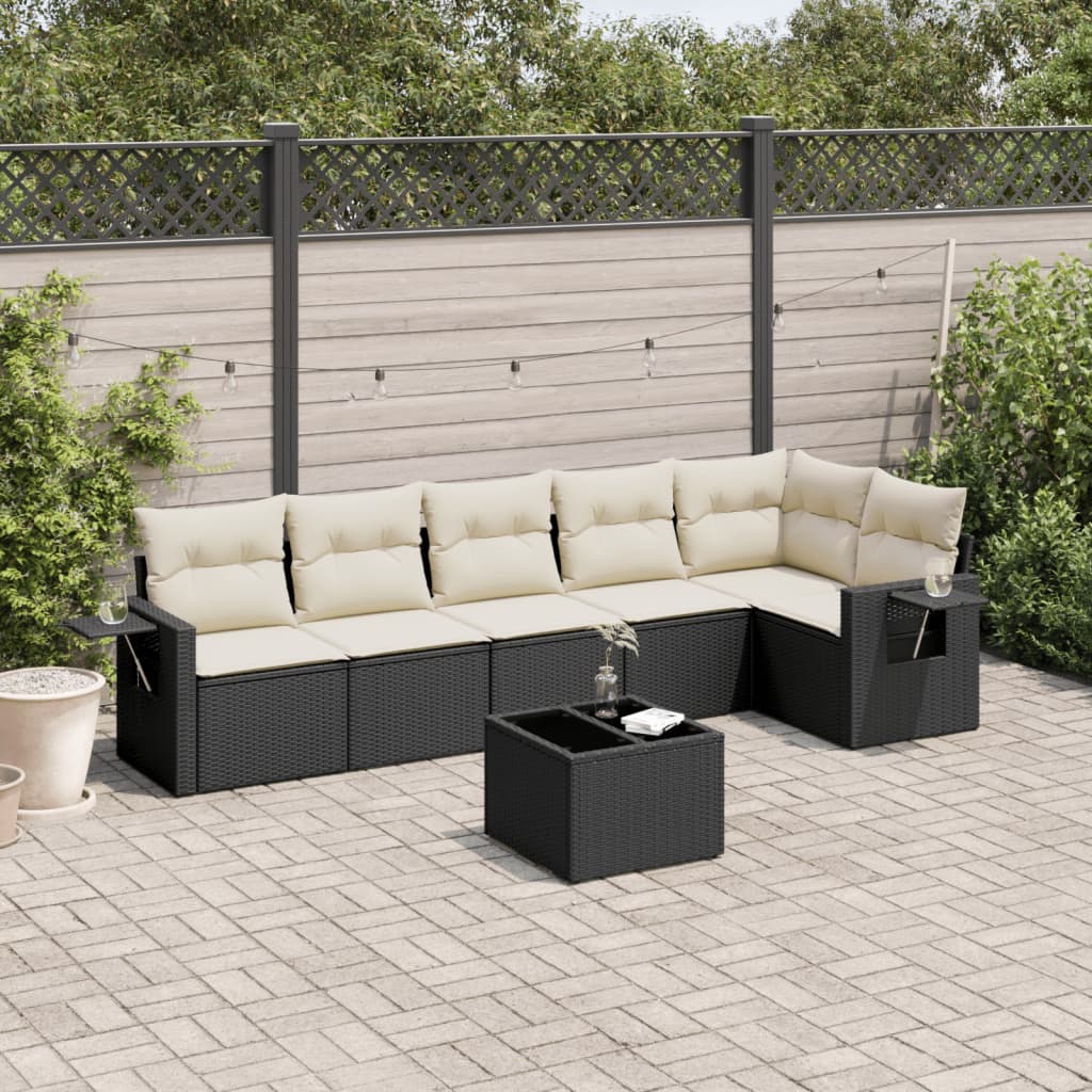 7-delige Loungeset met kussens poly rattan zwart