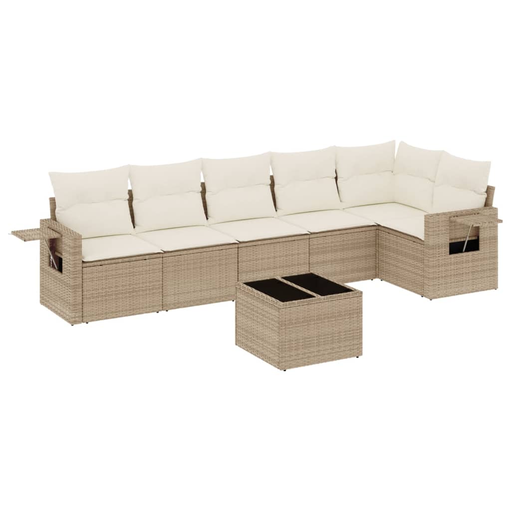 7-delige Loungeset met kussens poly rattan beige