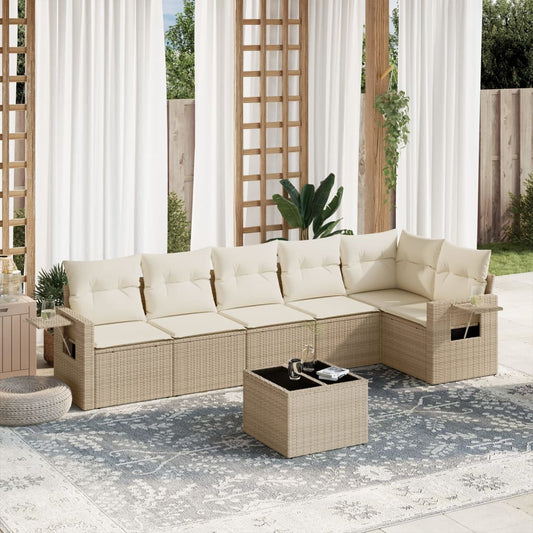 7-delige Loungeset met kussens poly rattan beige