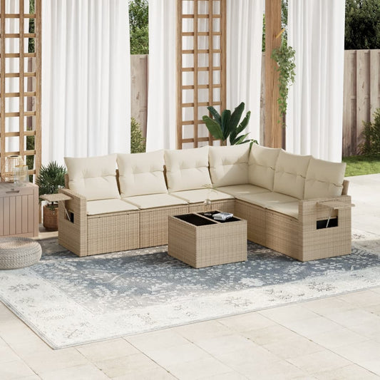 7-delige Loungeset met kussens poly rattan beige