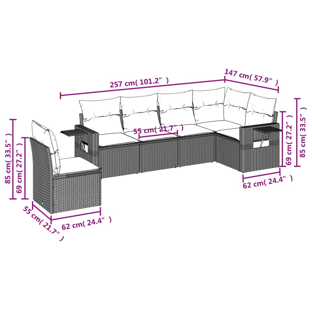 6-delige Loungeset met kussens poly rattan zwart