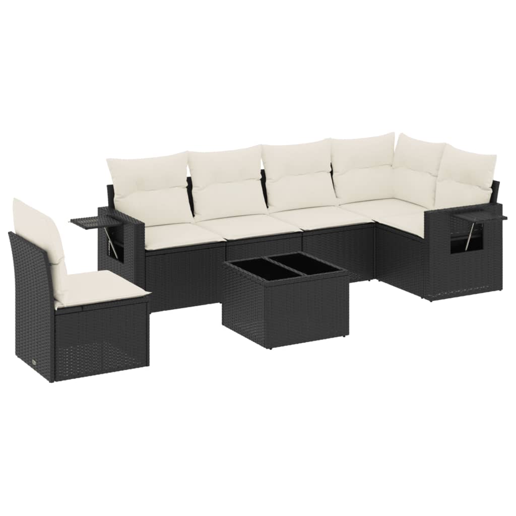 7-delige Loungeset met kussens poly rattan zwart