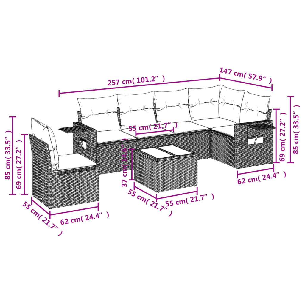 7-delige Loungeset met kussens poly rattan zwart