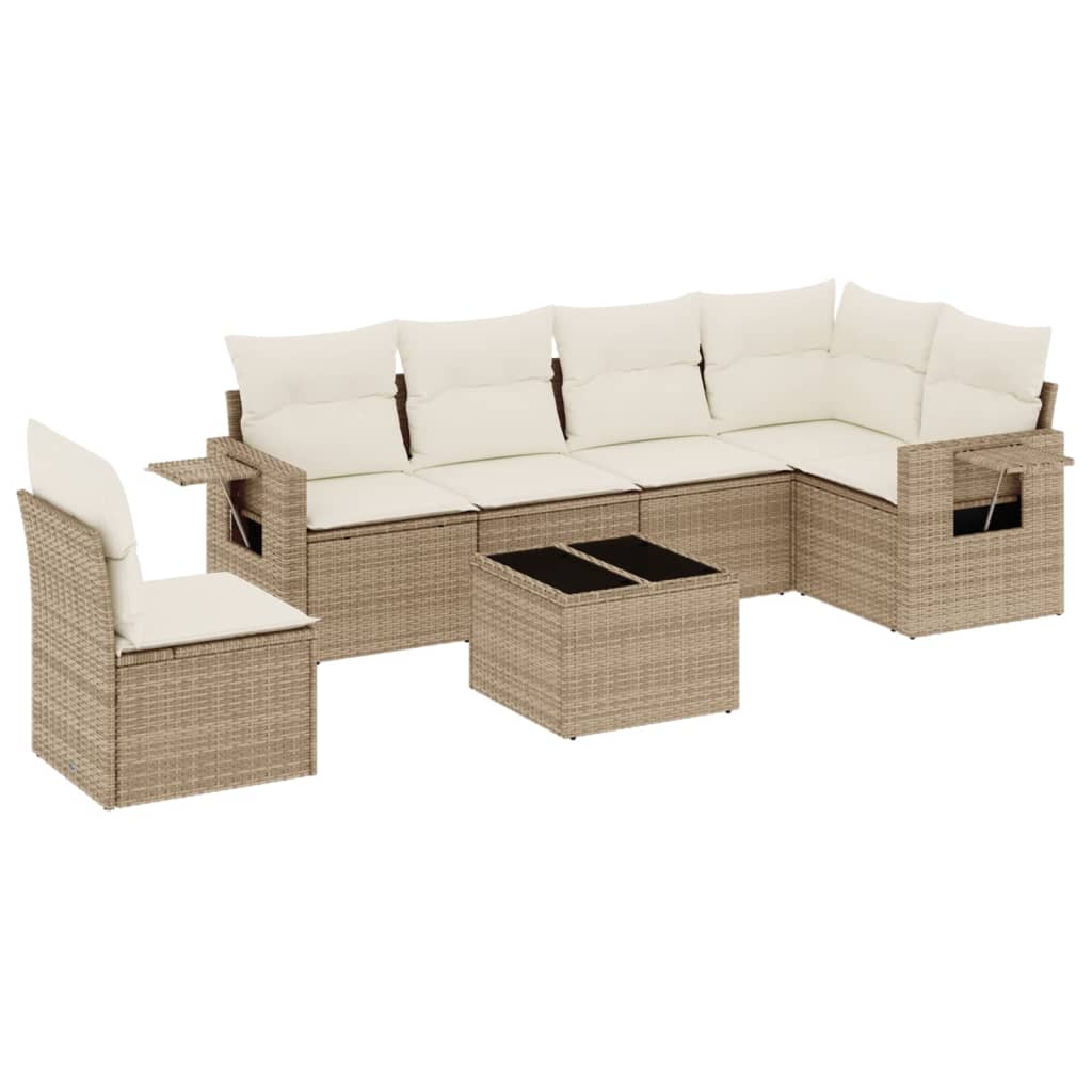 7-delige Loungeset met kussens poly rattan beige