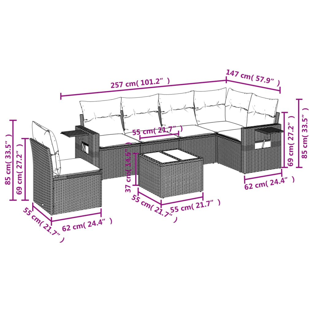 7-delige Loungeset met kussens poly rattan beige