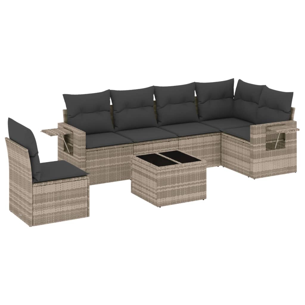 7-delige Loungeset met kussens poly rattan lichtgrijs