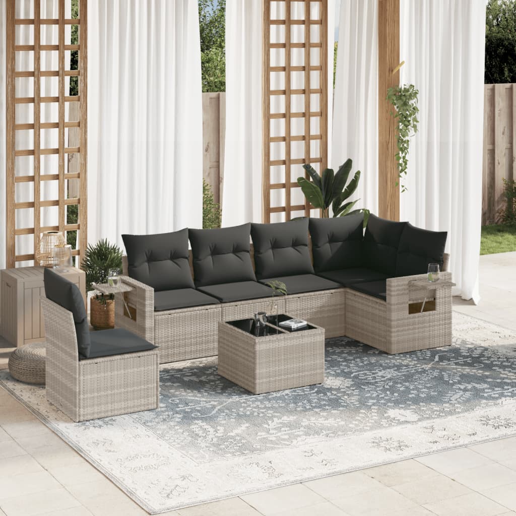 7-delige Loungeset met kussens poly rattan lichtgrijs