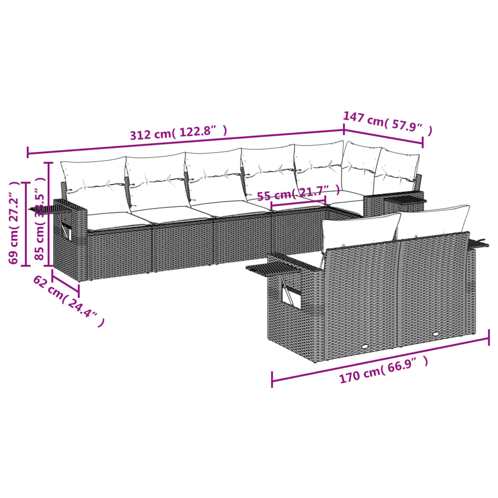 8-delige Loungeset met kussens poly rattan lichtgrijs