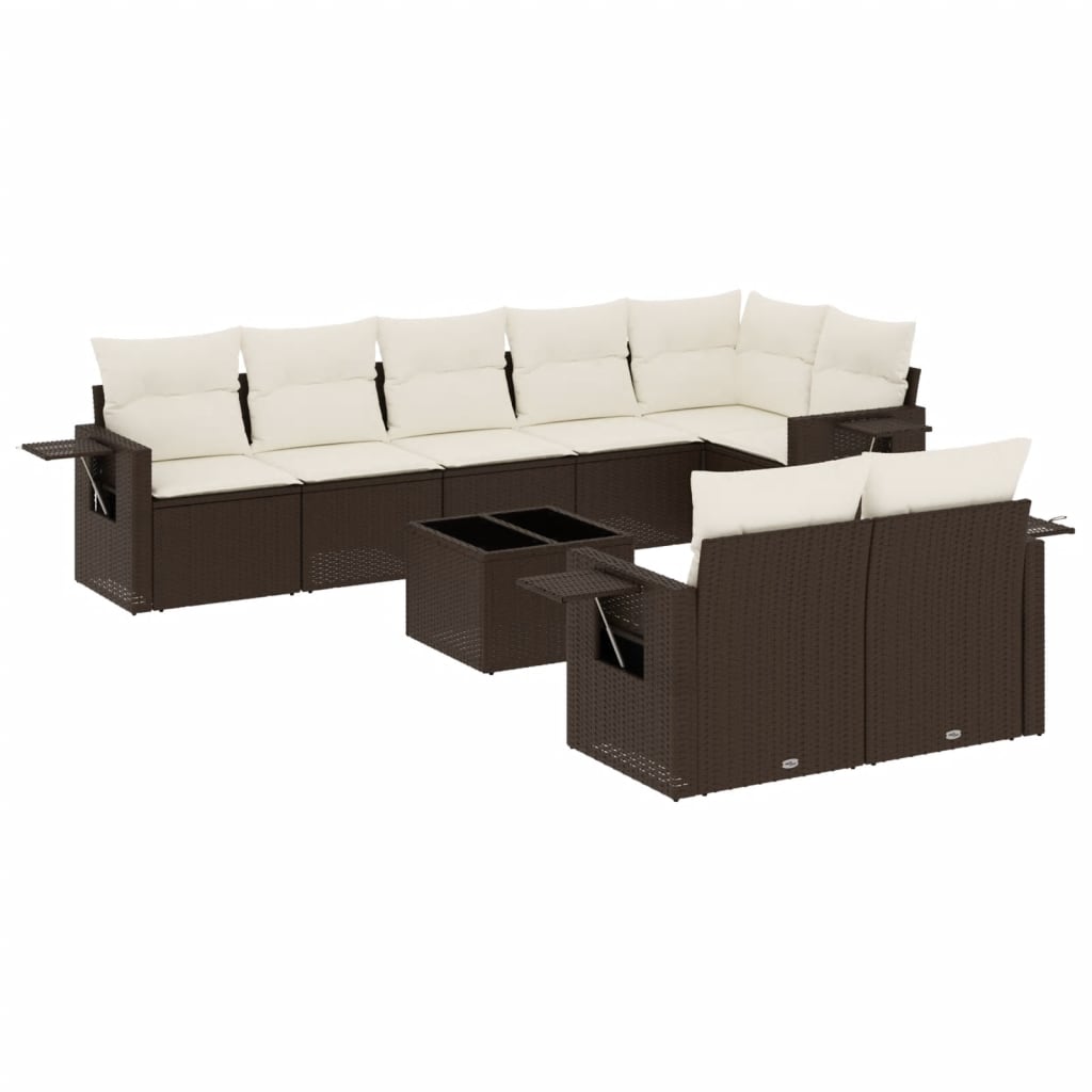 9-delige Loungeset met kussens poly rattan bruin