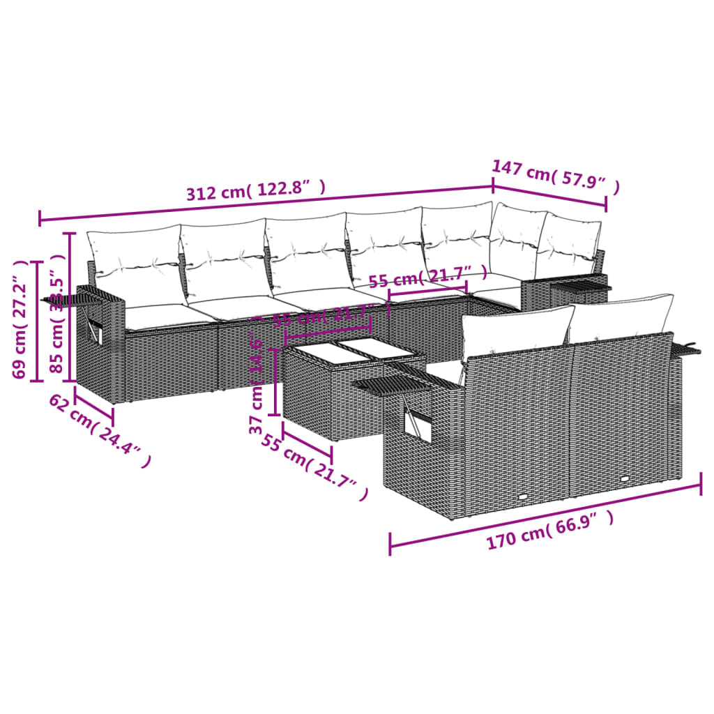 9-delige Loungeset met kussens poly rattan bruin