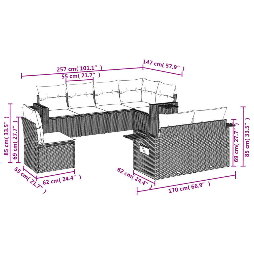 8-delige Loungeset met kussens poly rattan lichtgrijs