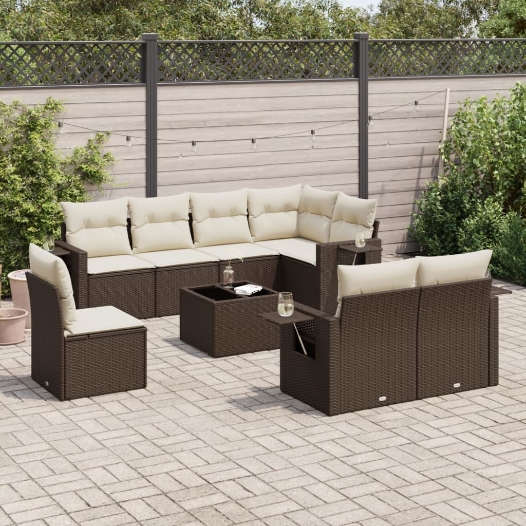 9-delige Loungeset met kussens poly rattan bruin