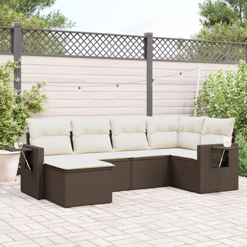 6-delige Loungeset met kussens poly rattan bruin