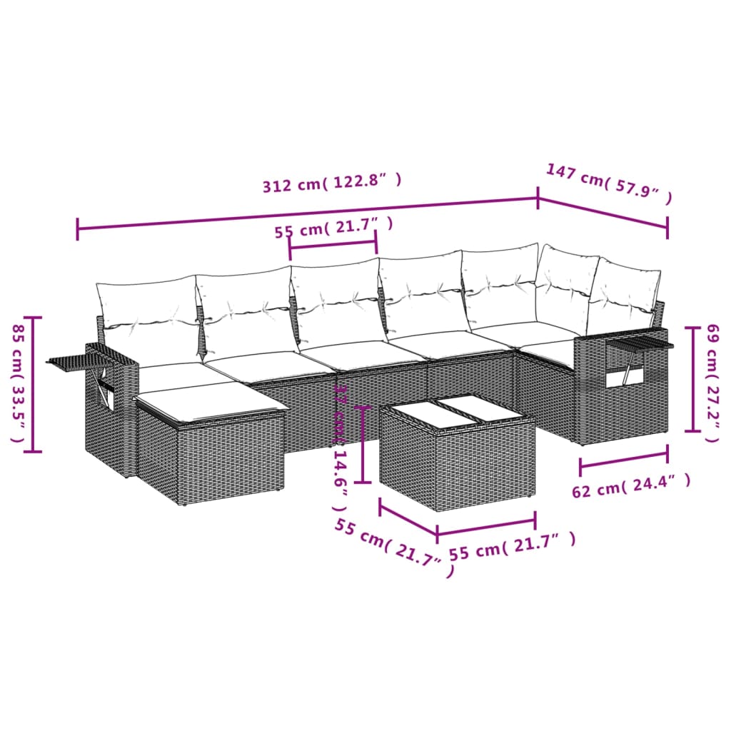 8-delige Loungeset met kussens poly rattan bruin