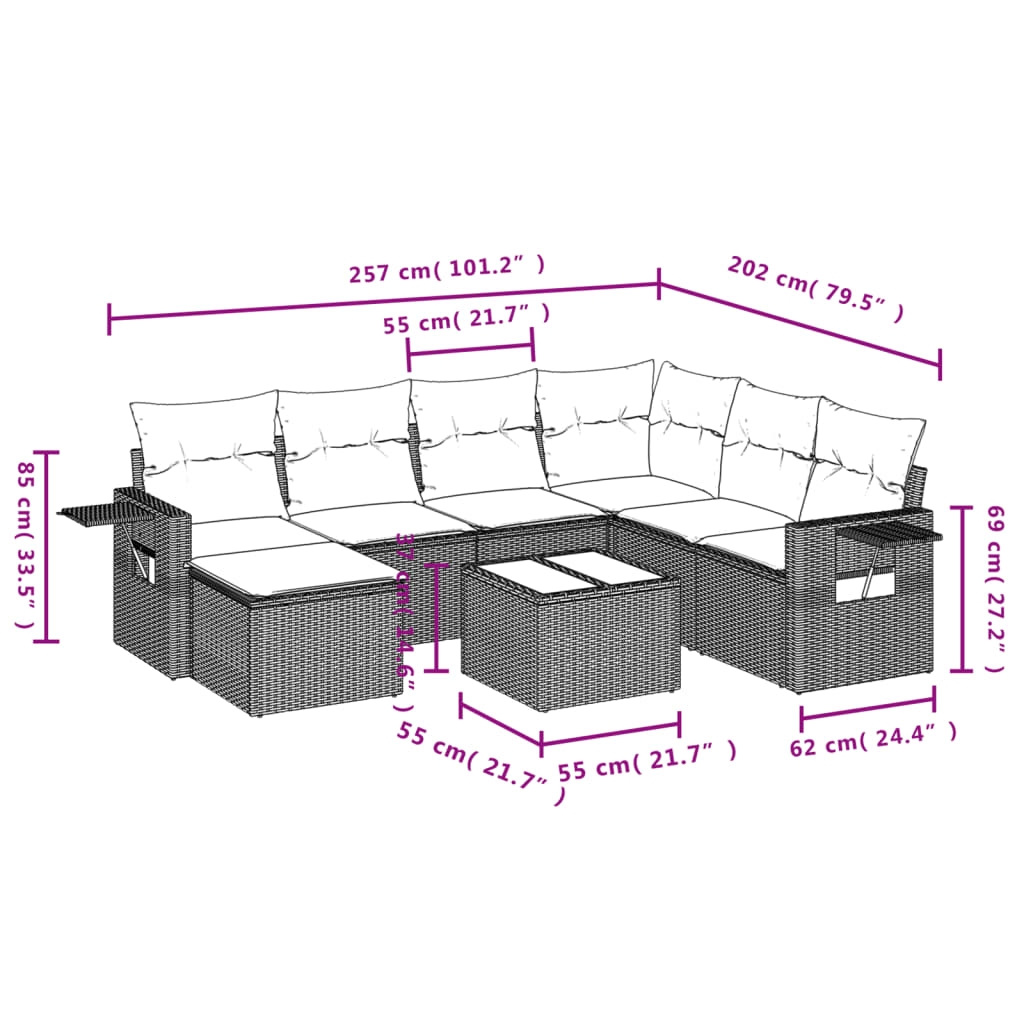 8-delige Loungeset met kussens poly rattan bruin