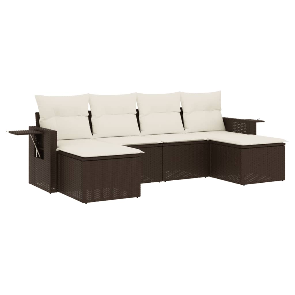 6-delige Loungeset met kussens poly rattan bruin