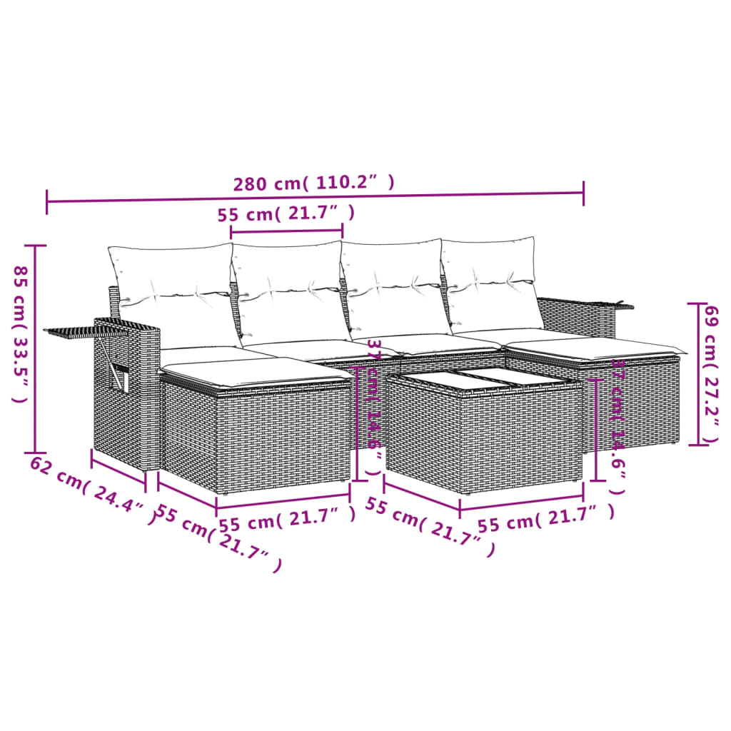 7-delige Loungeset met kussens poly rattan bruin