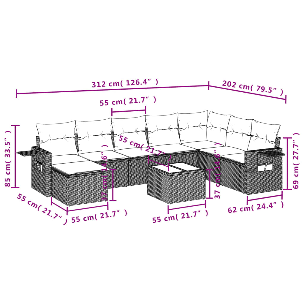 9-delige Loungeset met kussens poly rattan bruin