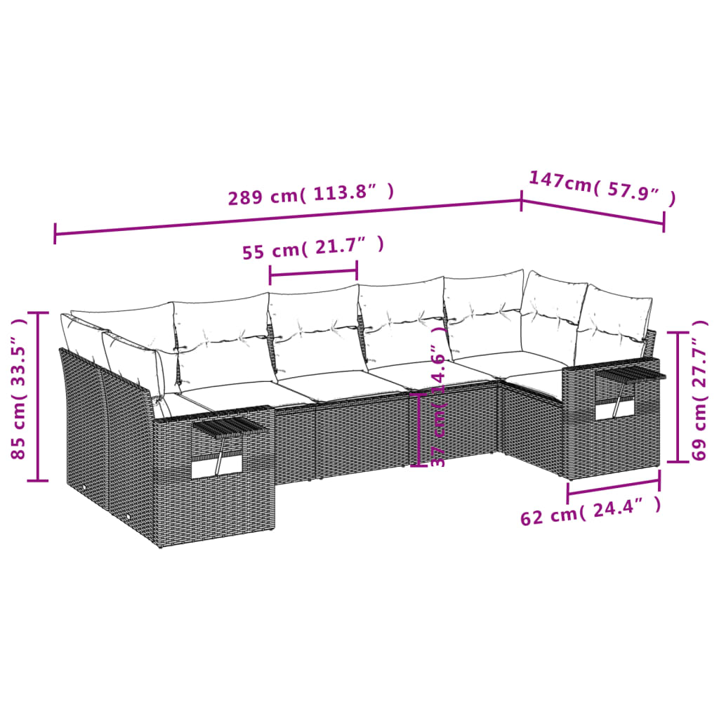 7-delige Loungeset met kussens poly rattan bruin