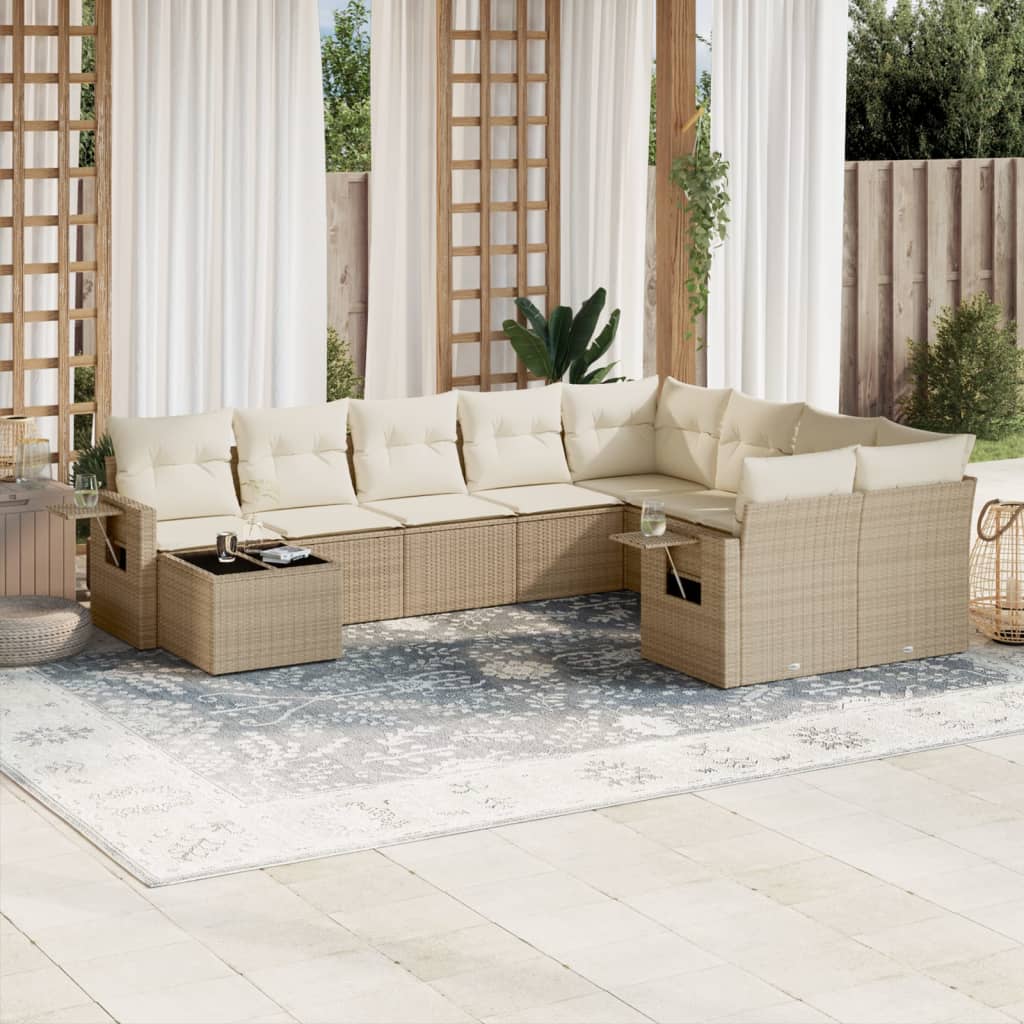 10-delige Loungeset met kussens poly rattan beige