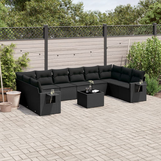 11-delige Loungeset met kussens poly rattan zwart