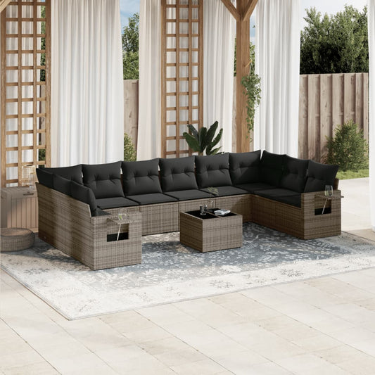 11-delige Loungeset met kussens poly rattan grijs