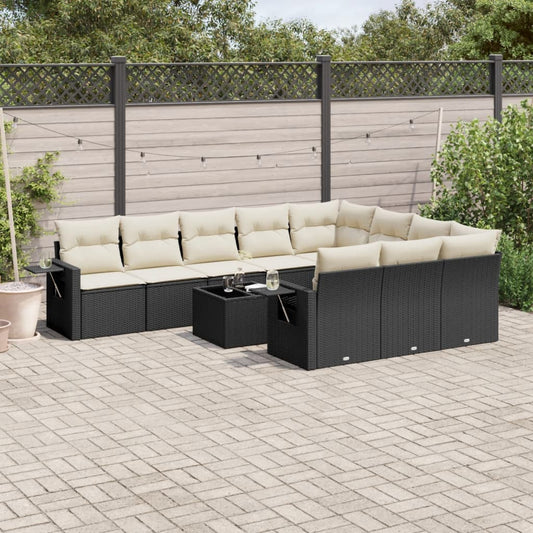 11-delige Loungeset met kussens poly rattan zwart