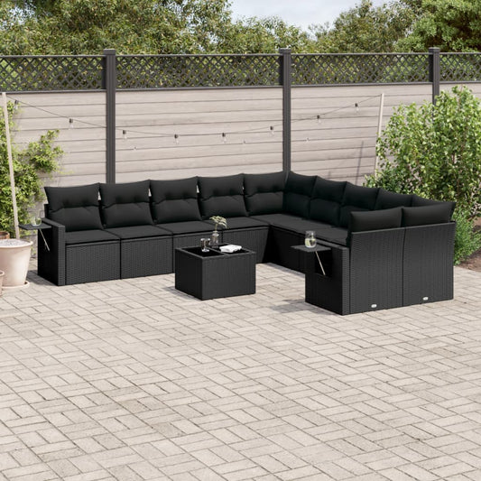 11-delige Loungeset met kussens poly rattan zwart