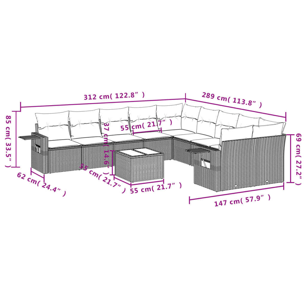 11-delige Loungeset met kussens poly rattan bruin