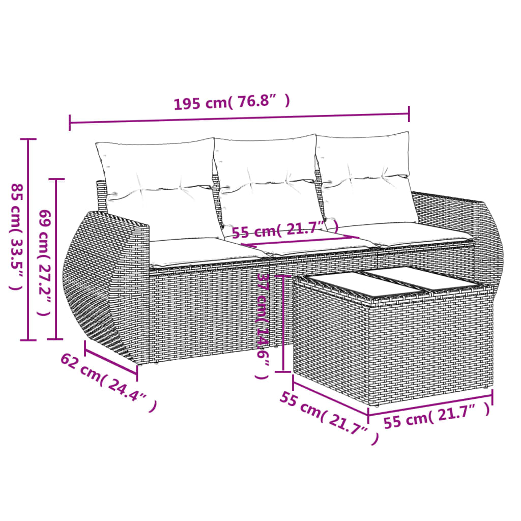 4-delige Loungeset met kussens poly rattan beige