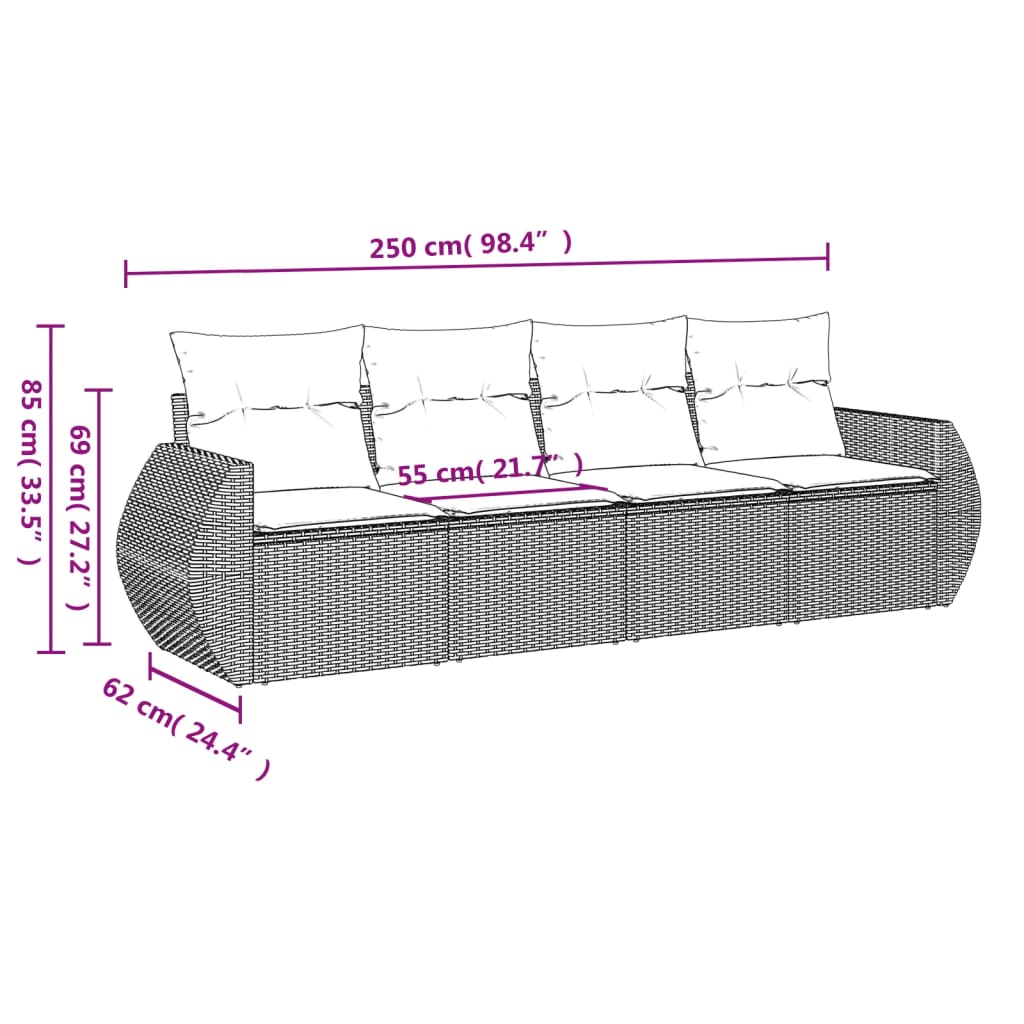 4-delige Loungeset met kussens poly rattan bruin