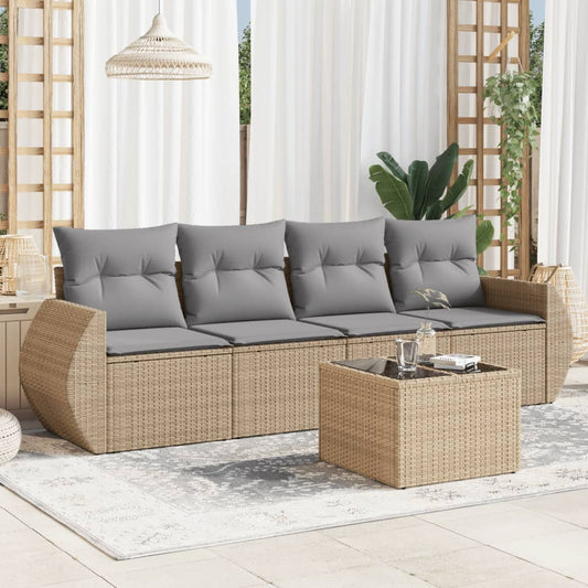 5-delige Loungeset met kussens poly rattan beige