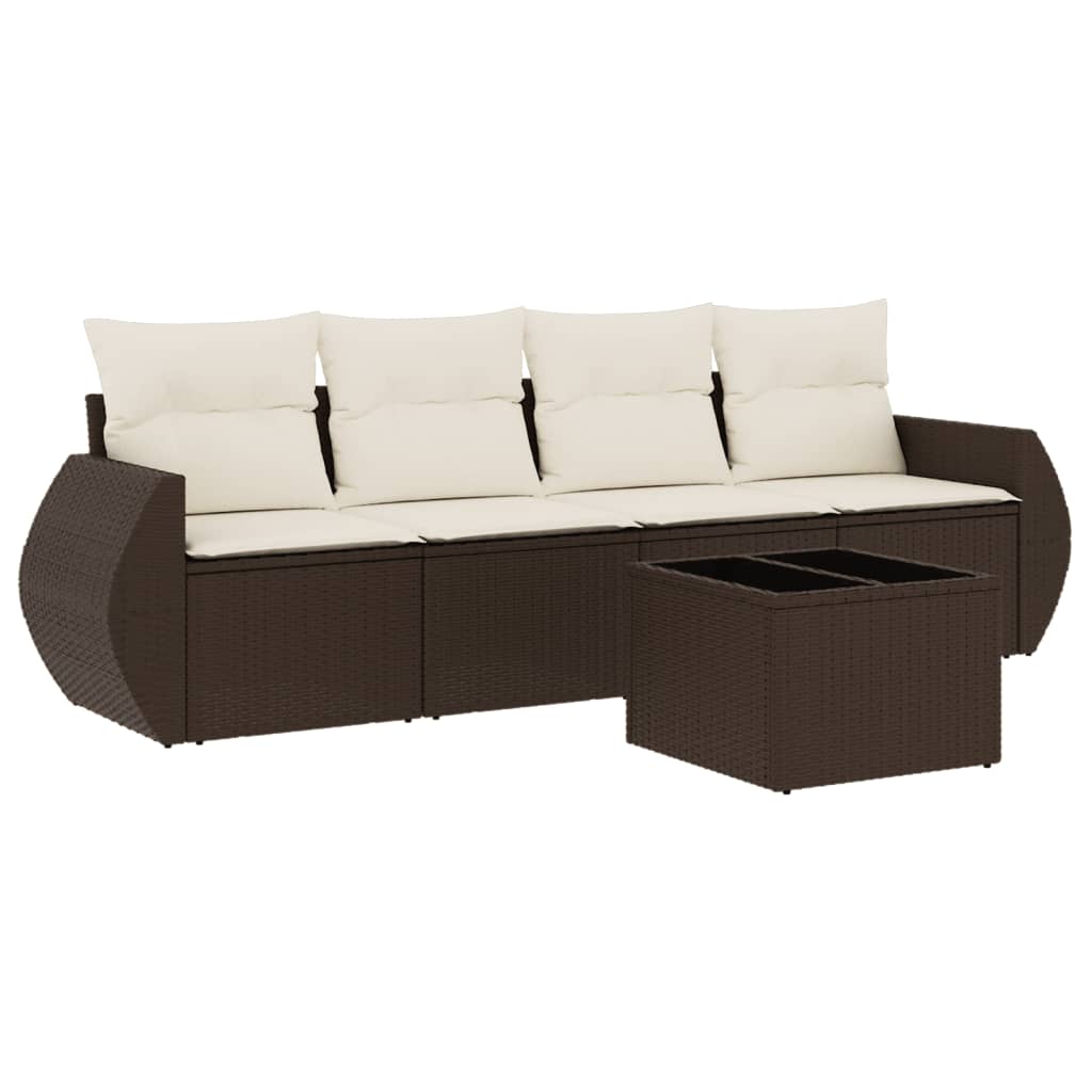 5-delige Loungeset met kussens poly rattan bruin