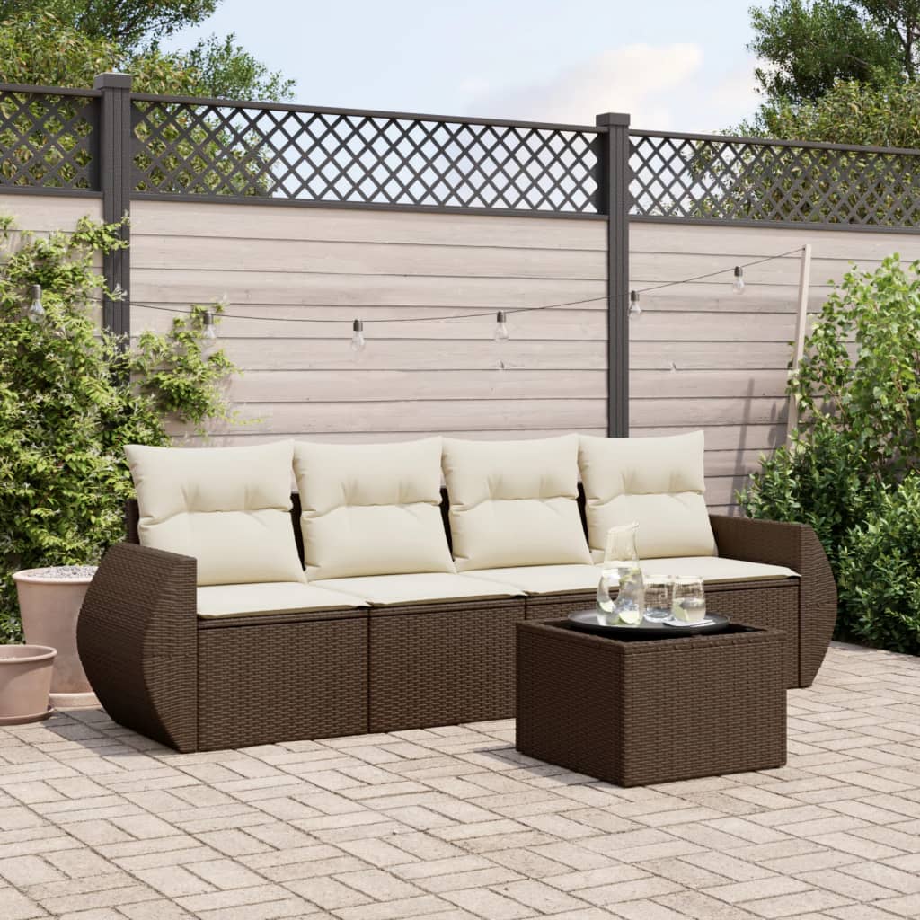 5-delige Loungeset met kussens poly rattan bruin